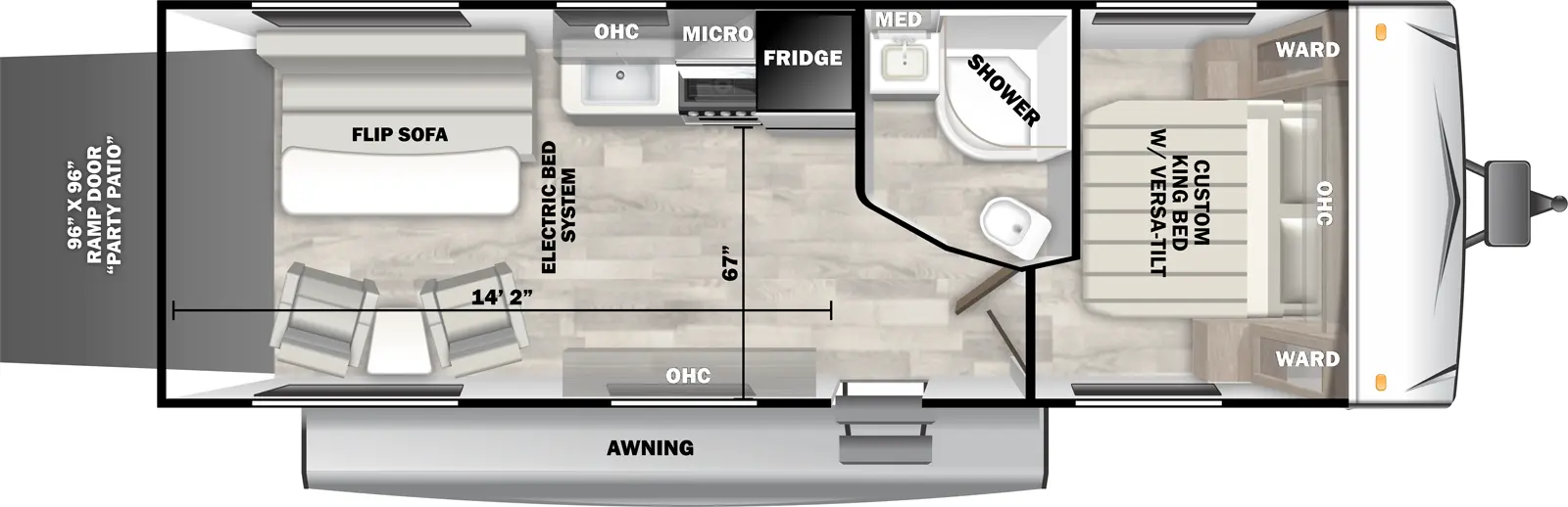 The 251SSXL has one entry, zero slideouts, and a rear ramp door. Exterior features front storage on each side, awning, and ramp door party patio. Interior layout front to back: custom king bed with overhead cabinet and wardrobes on each side; off-door side full bathroom with medicine cabinet; entry door; off-door side refrigerator, microwave, cooktop, kitchen cabinet with sink, and overhead cabinet; door side overhead cabinet; rear off-door side flip sofa with table, chairs with end table, and electric bed system. Garage dimensions: 14 foot 2 inch length, 67 inch width, 96 inch by 96 inch ramp door.